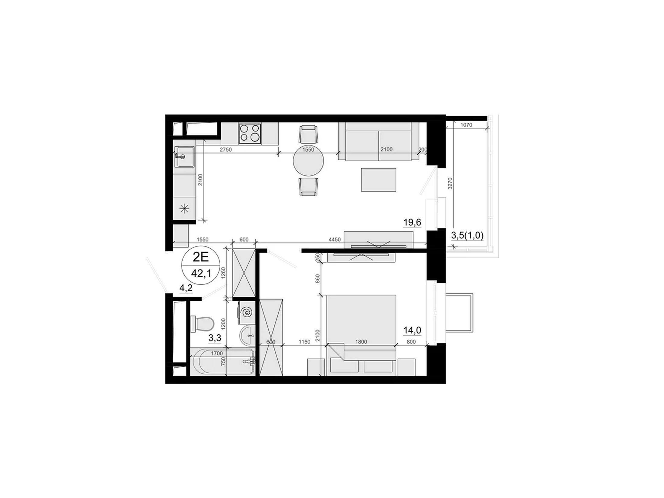 Планировка: 1-комн. квартира 43.00 м² в новостройке ЖК Одинцовские кварталы