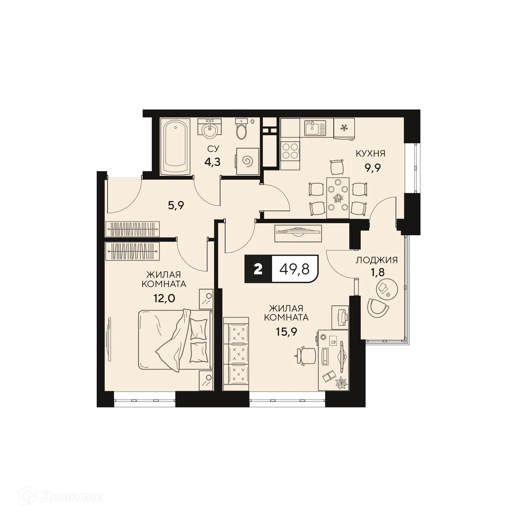 Планировка: 2-комн. квартира 49.80 м² в новостройке 18/3