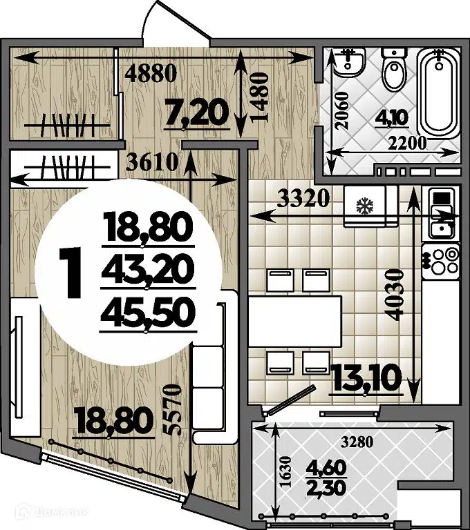 Планировка: 1-комн. квартира 45.50 м² в новостройке Горгиппия