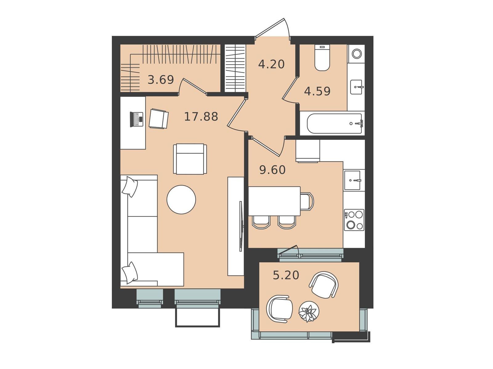 Планировка: 1-комн. квартира 42.56 м² в новостройке Мишино-2