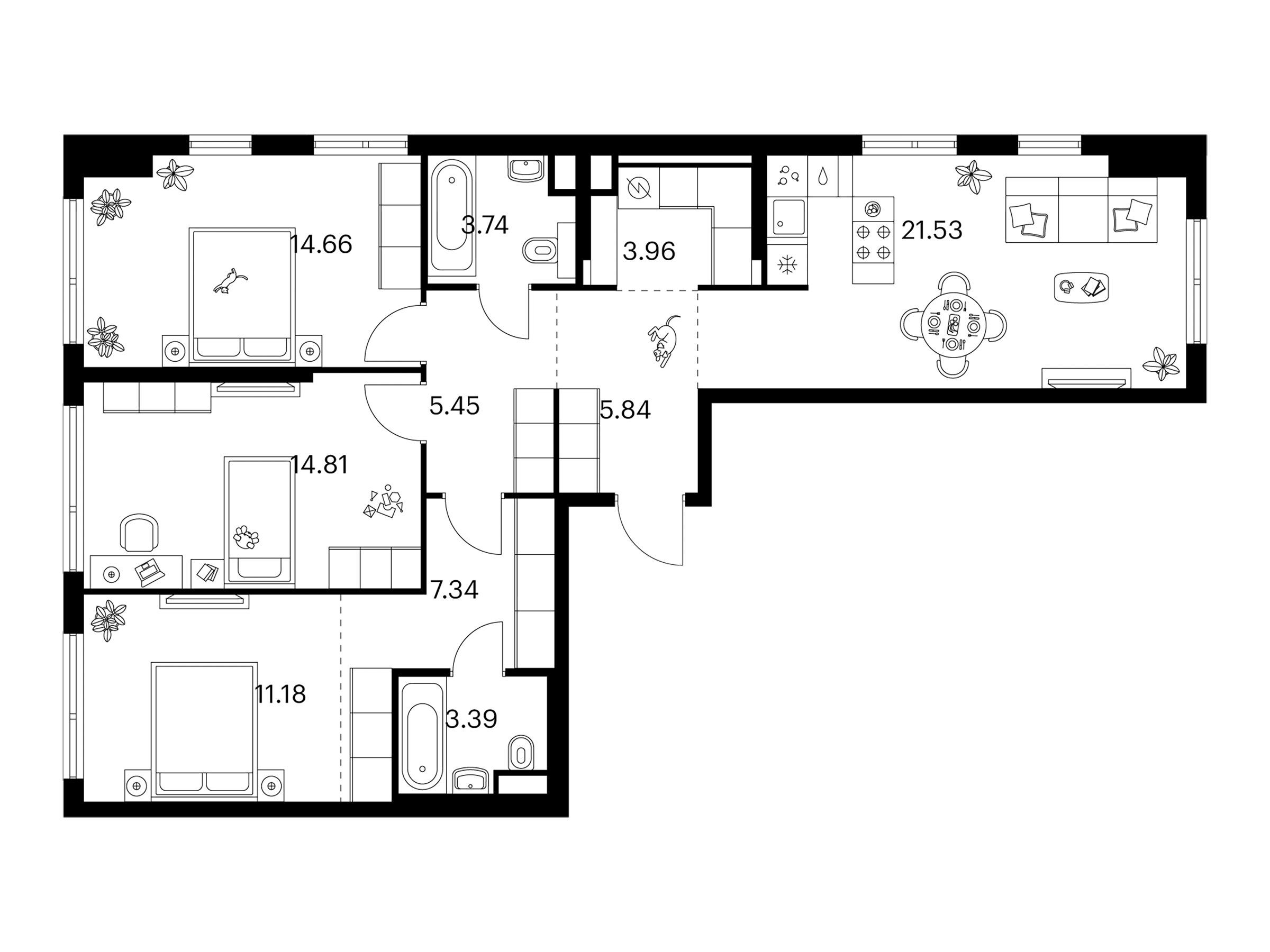 Планировка: 3-комн. квартира 91.90 м² в новостройке Квартал Мит