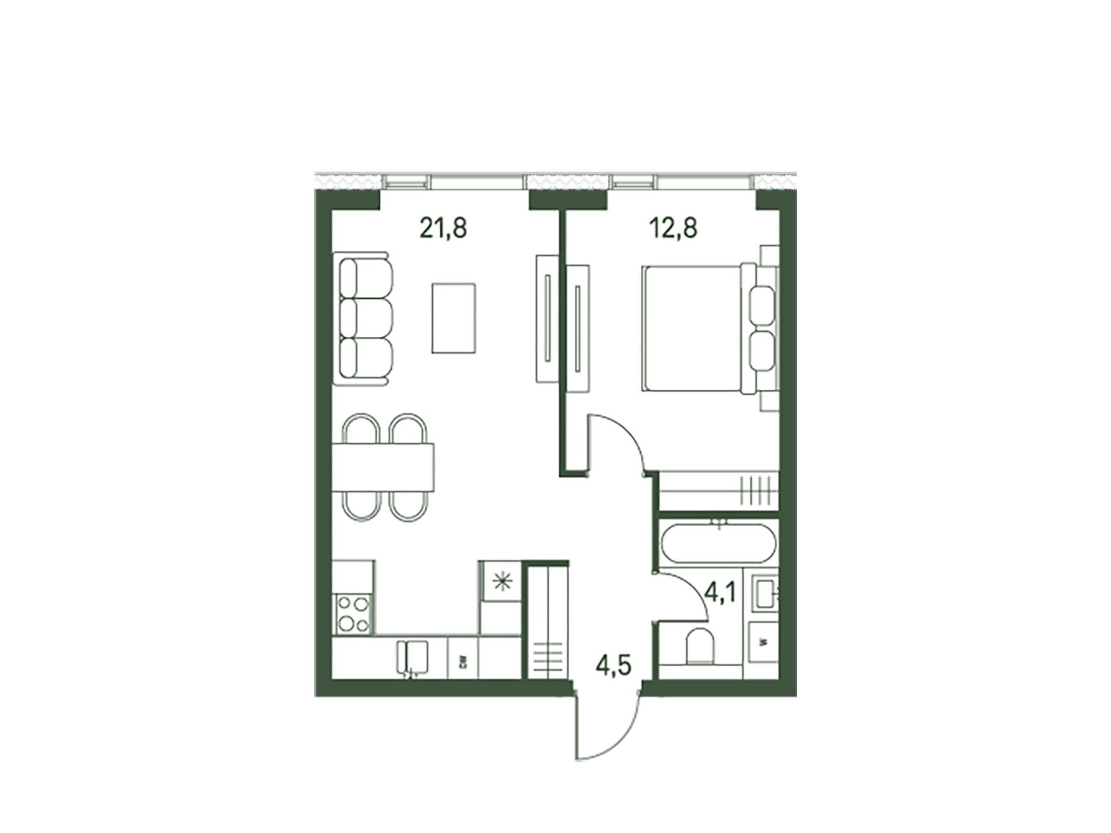 Планировка: 1-комн. квартира 43.20 м² в новостройке Моментс