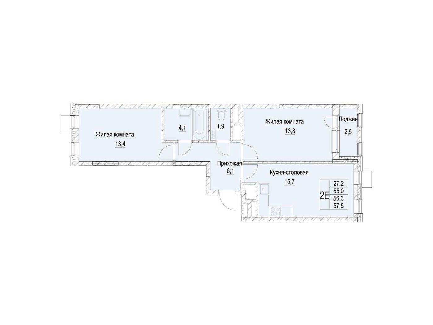 Планировка: 2-комн. квартира 56.30 м² в новостройке Отрадный