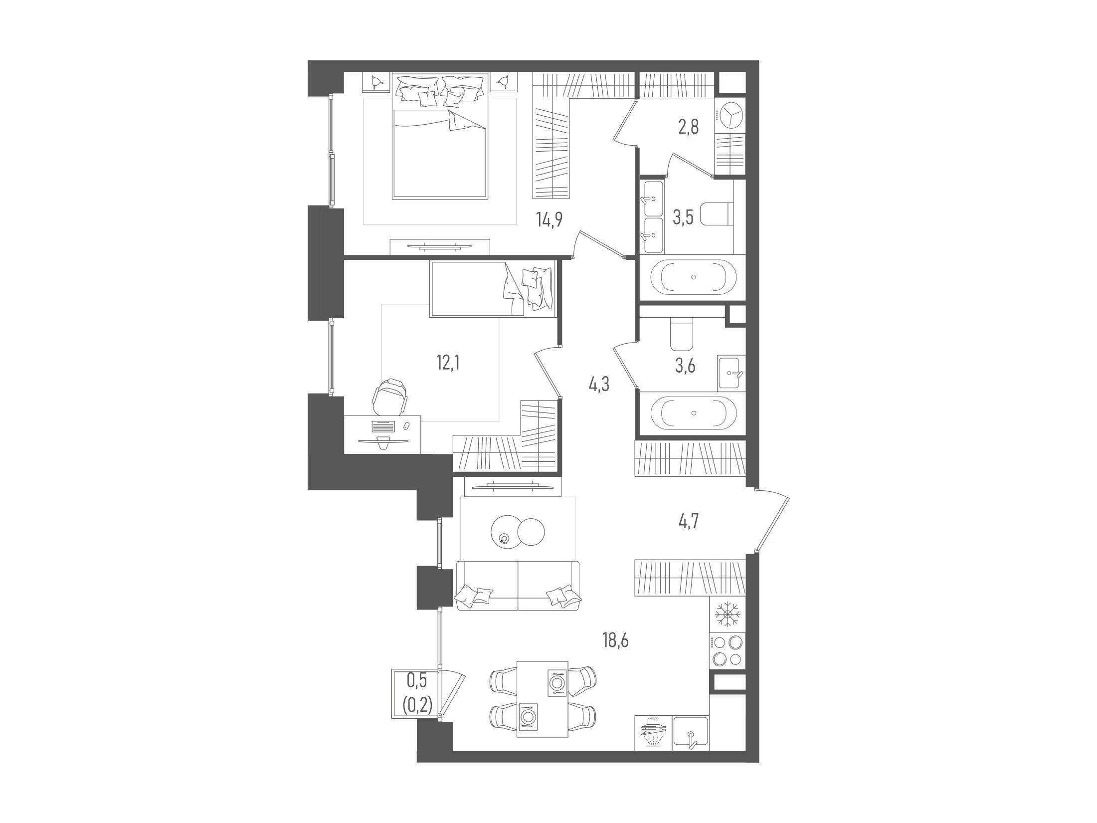 Планировка: 2-комн. квартира 64.70 м² в новостройке ЖК Пейв