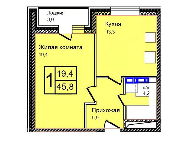 Планировка: 1-комн. квартира 45.80 м² в новостройке Троицкий