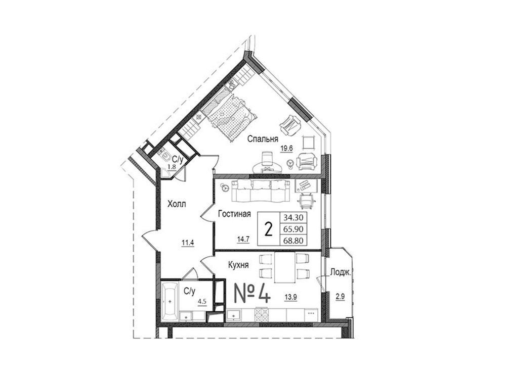 Планировка: 2-комн. квартира 68.80 м² в новостройке Школьный