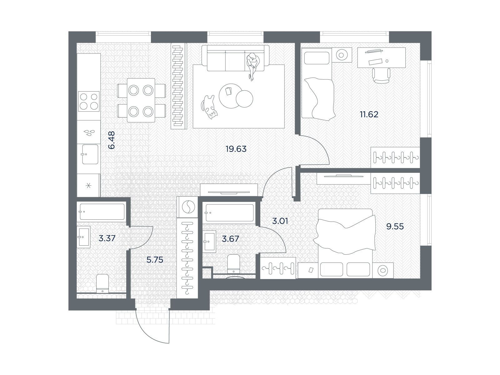 Планировка: 2-комн. квартира 63.08 м² в новостройке Тейт