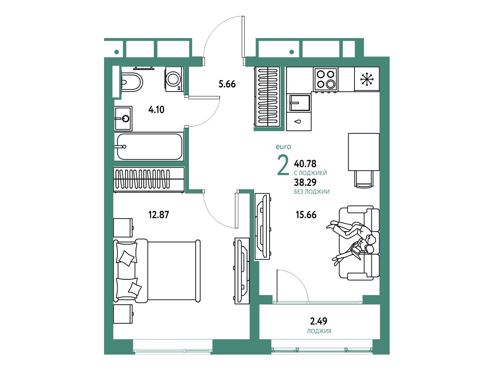Планировка: 2-комн. квартира 40.78 м² в новостройке Страна Парковая