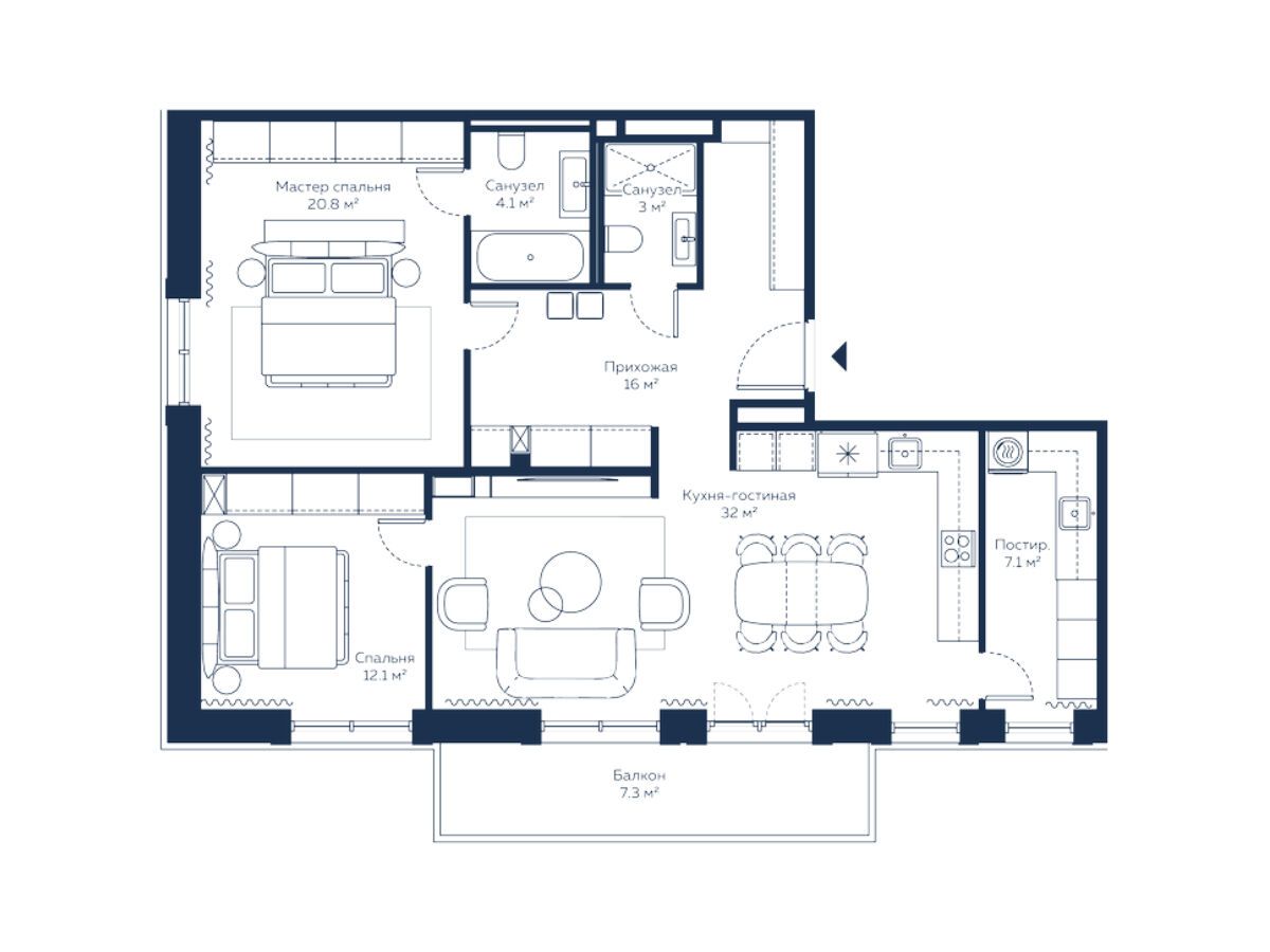 Планировка: 2-комн. квартира 107.20 м² в новостройке Ривер Резиденс