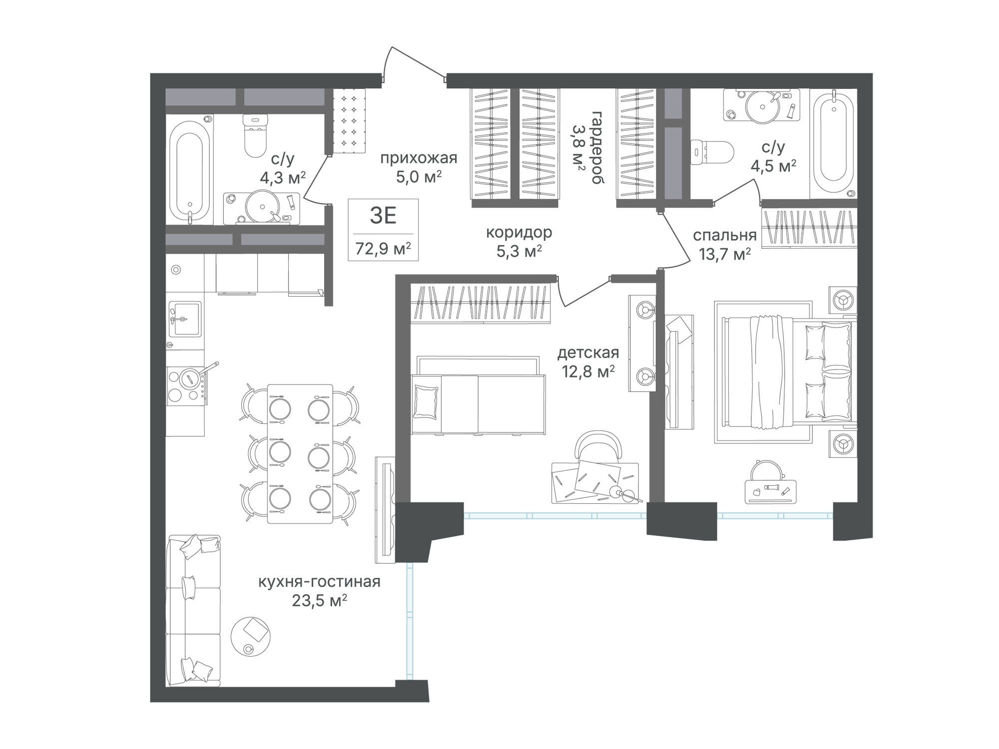 Планировка: 2-комн. квартира 72.70 м² в новостройке Семеновский парк 2