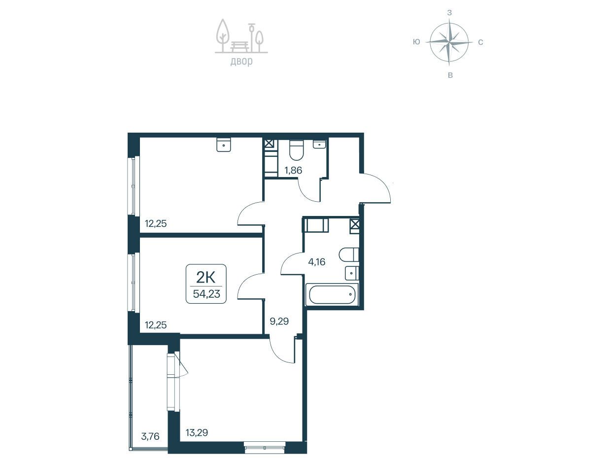 Планировка: 2-комн. квартира 54.23 м² в новостройке Расцветай в Янино