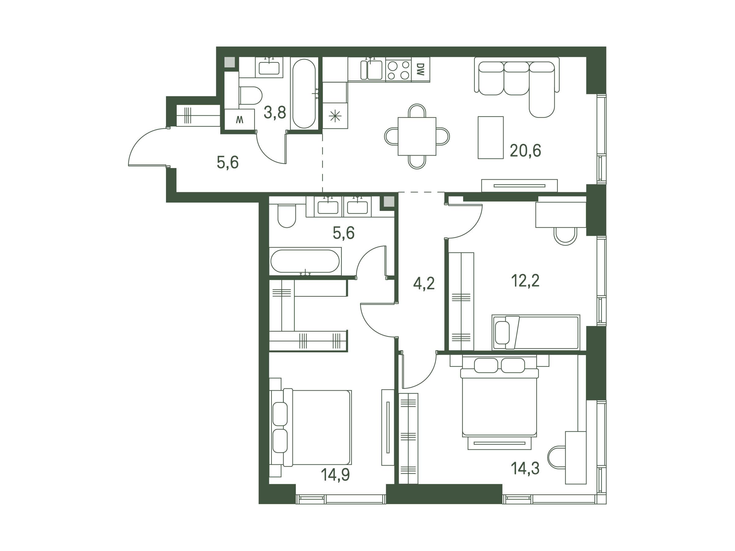 Планировка: 3-комн. квартира 81.20 м² в новостройке Моментс