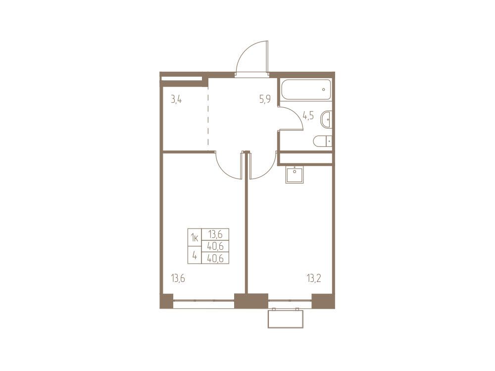 Планировка: 1-комн. квартира 40.60 м² в новостройке Фабрикант