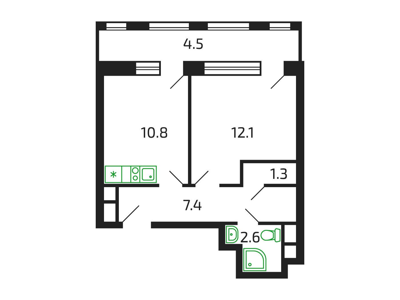 Планировка: 1-комнатная квартира 38.50 м² в новостройке Брусчатый поселок