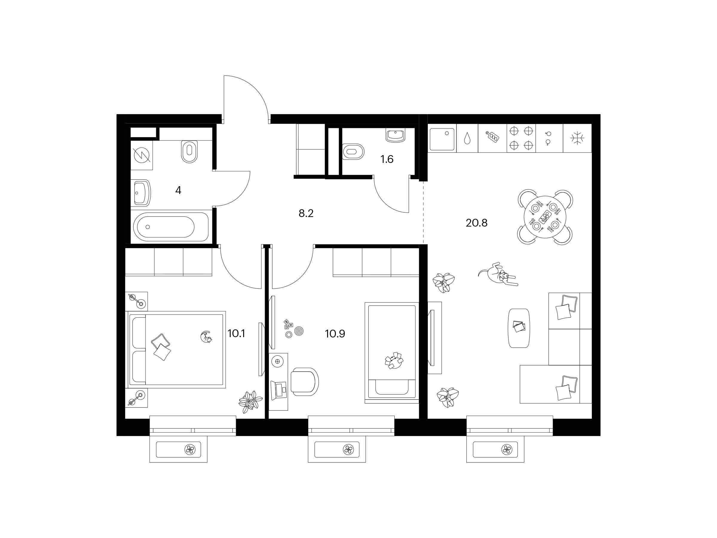 Планировка: 2-комн. квартира 55.60 м² в новостройке Люблинский парк