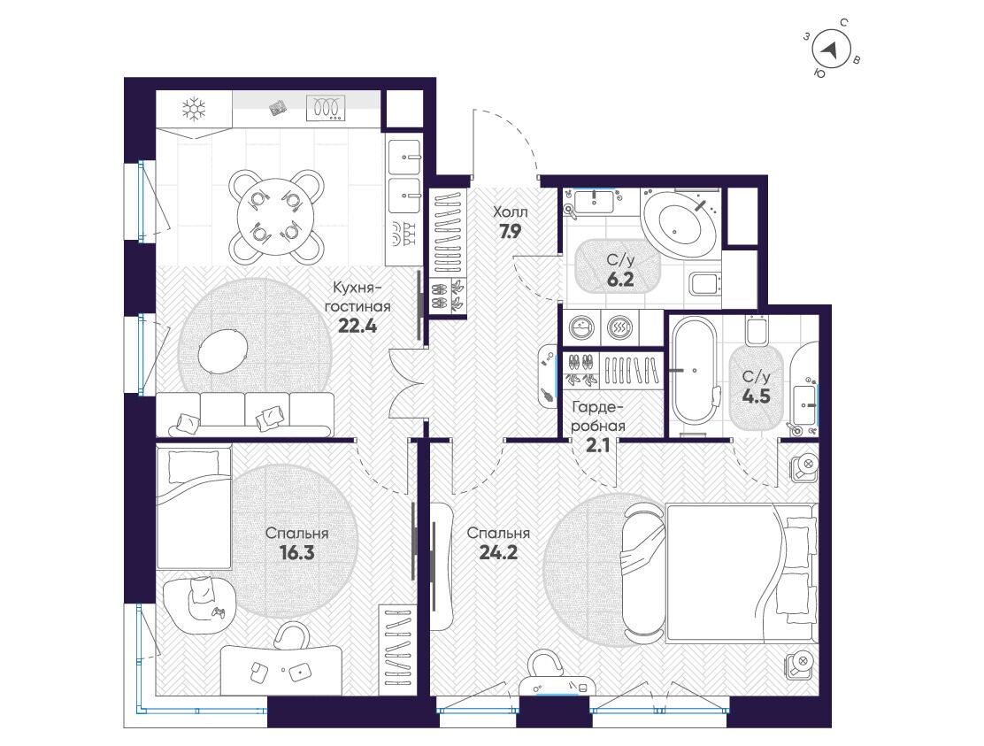 Планировка: 2-комн. квартира 83.60 м² в новостройке ЛДМ