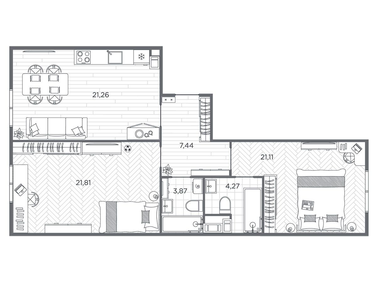 Планировка: 2-комн. квартира 79.80 м² в новостройке Бакунина 33