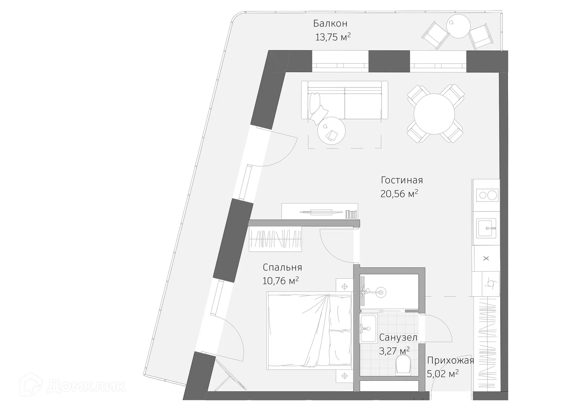Планировка: 2-комн. квартира 53.36 м² в новостройке Реликт