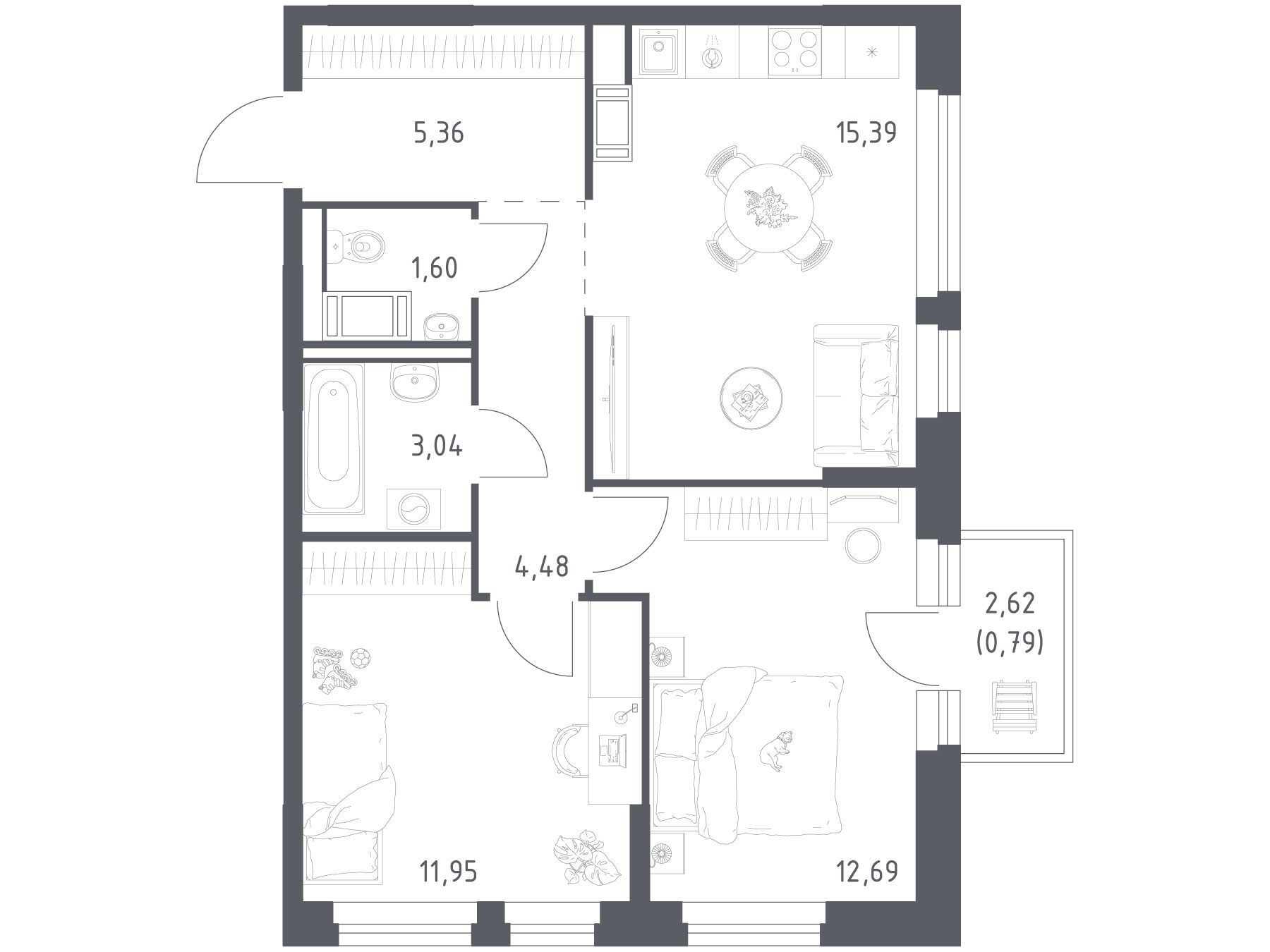 Планировка: 2-комн. квартира 55.30 м² в новостройке Новое Колпино