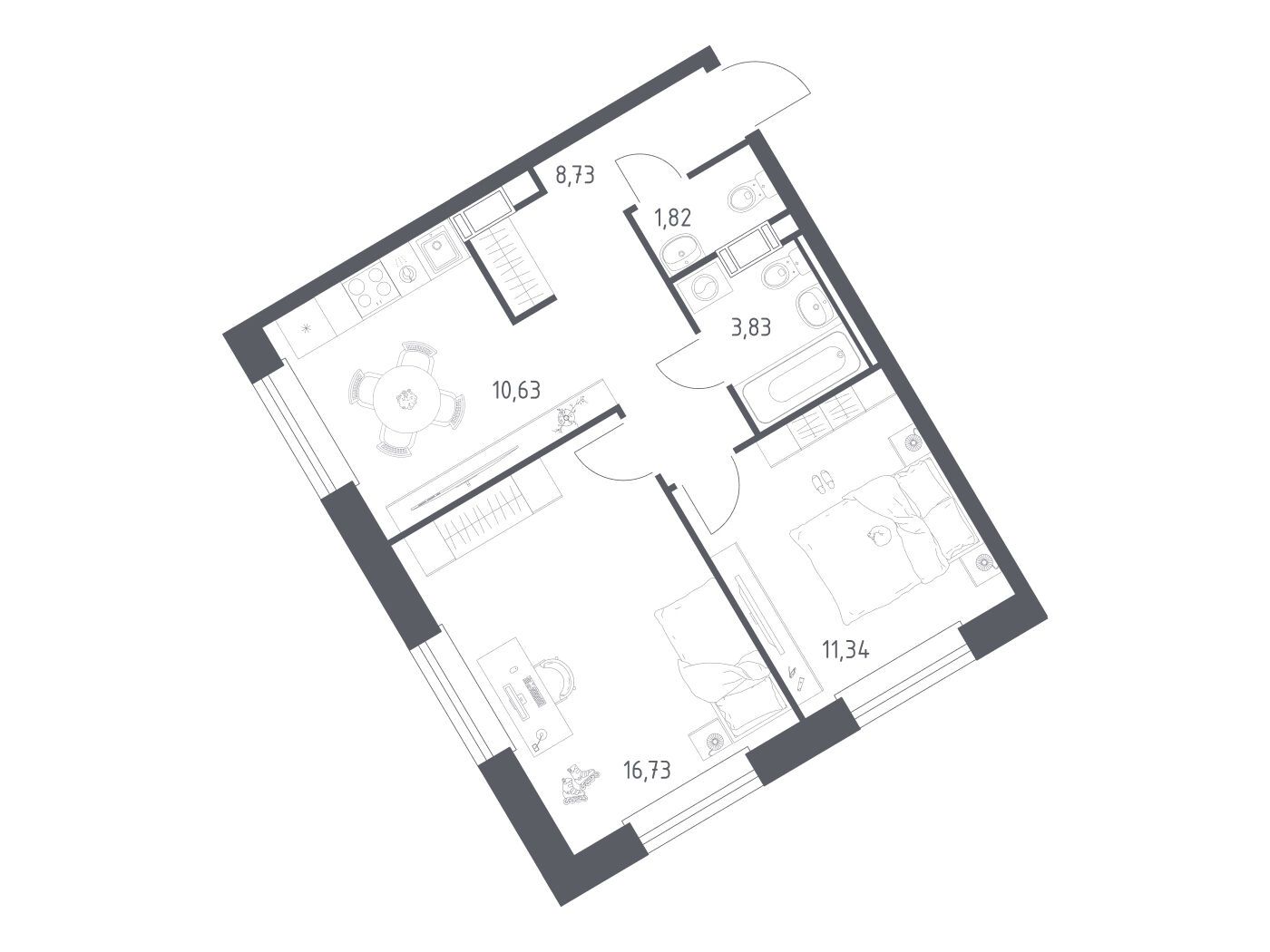 Планировка: 2-комн. квартира 53.08 м² в новостройке Эко Бунино