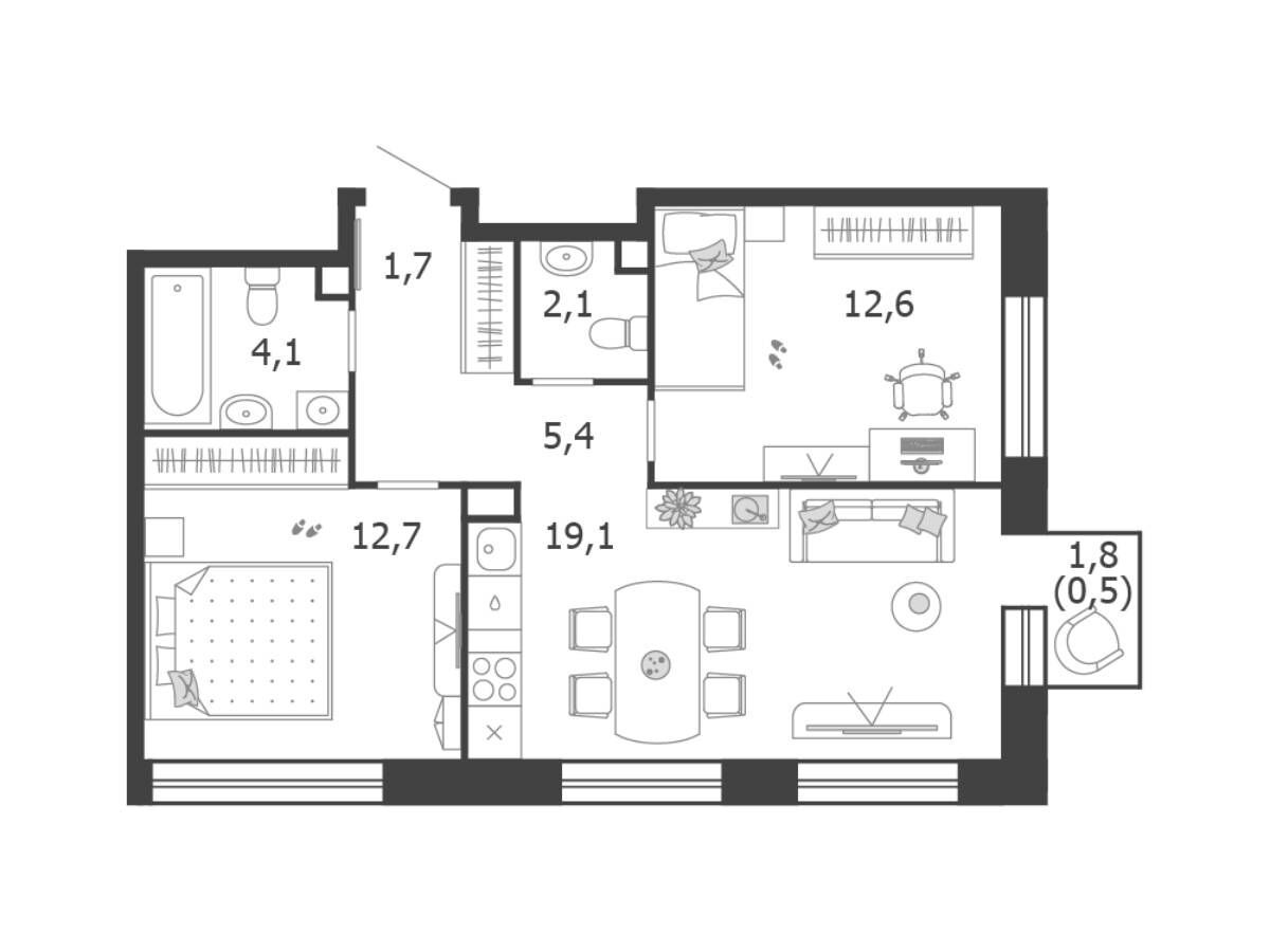 Планировка: 2-комн. квартира 58.20 м² в новостройке Шагал