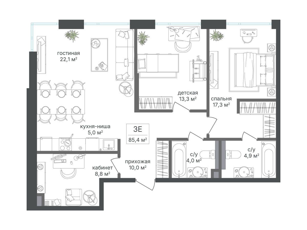 Планировка: 2-комн. квартира 85.40 м² в новостройке Петровский парк II
