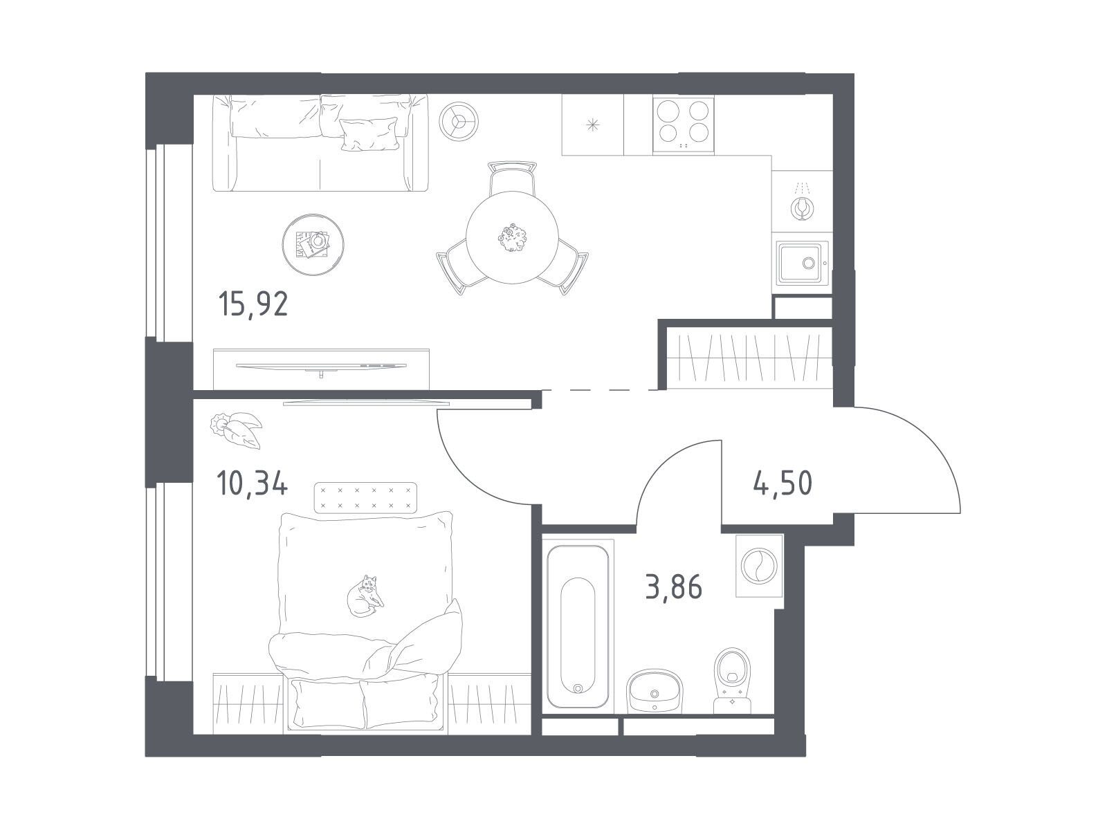 Планировка: 1-комн. квартира 34.62 м² в новостройке Большое Юрлово