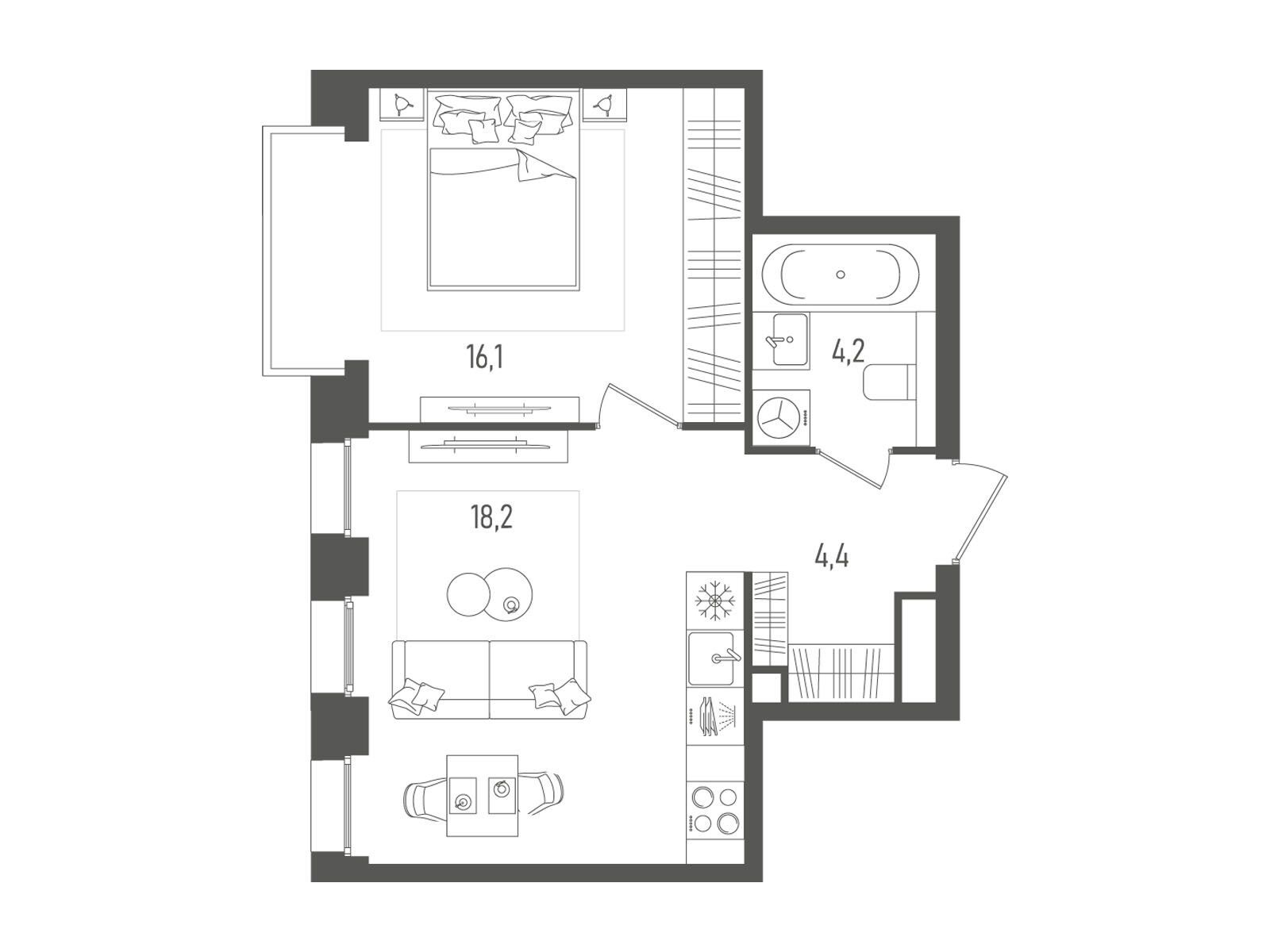 Планировка: 1-комн. квартира 42.90 м² в новостройке Пейв