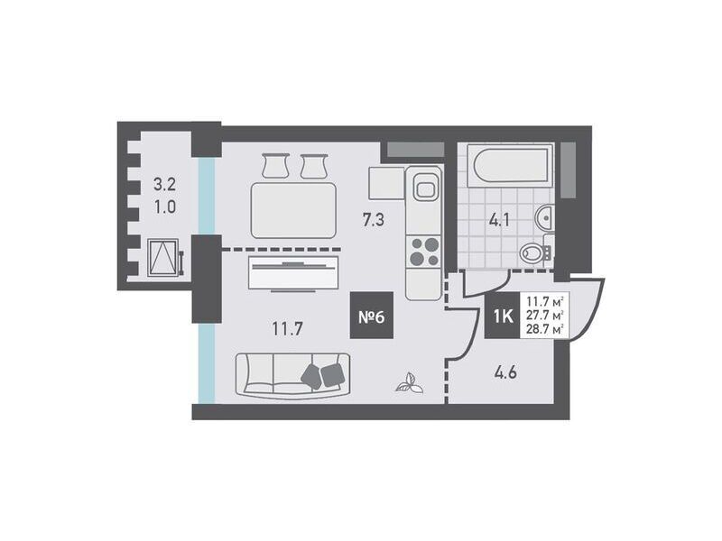 Планировка: 1-комн. квартира 28.70 м² в новостройке ЖК Зеленоград Ривьера
