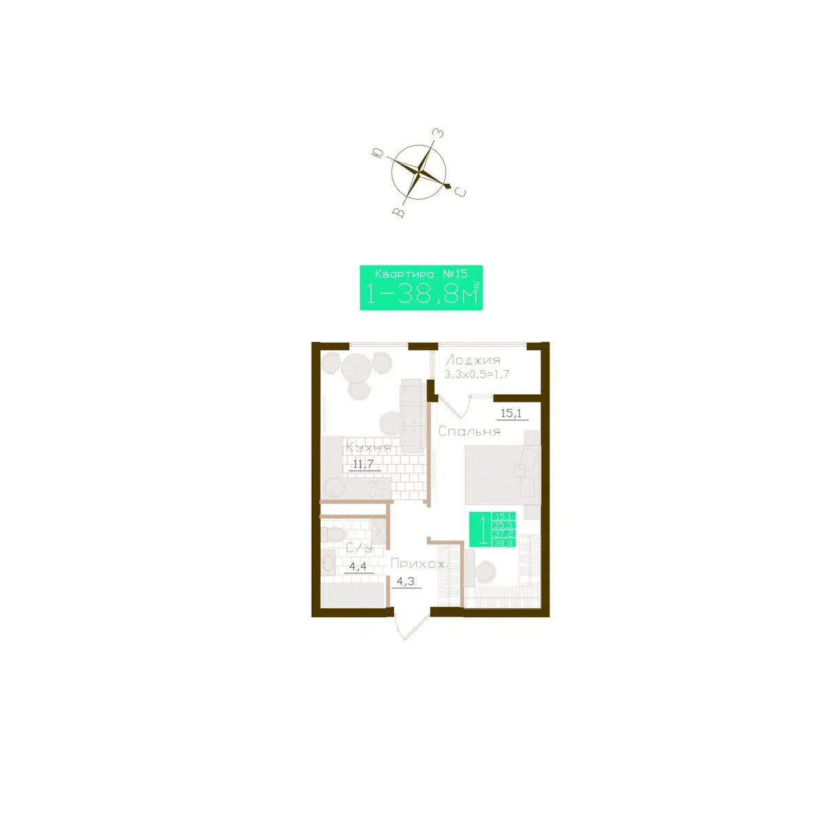 Планировка: 1-комн. квартира 37.20 м² в новостройке Молодежное
