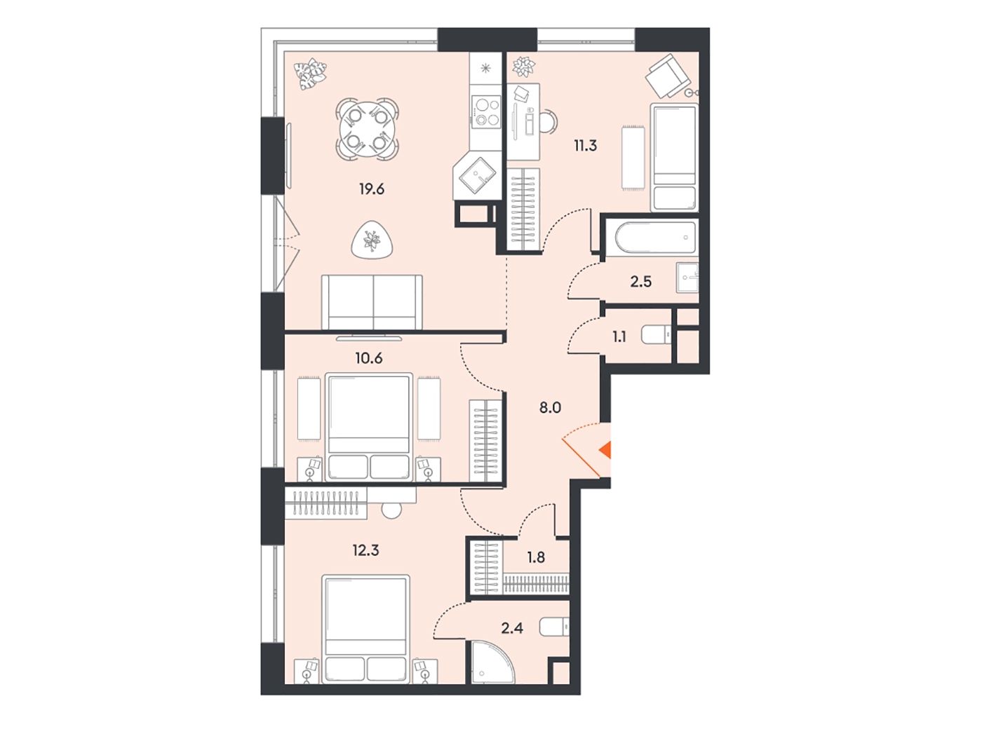 Планировка: 3-комн. квартира 69.00 м² в новостройке Баланс