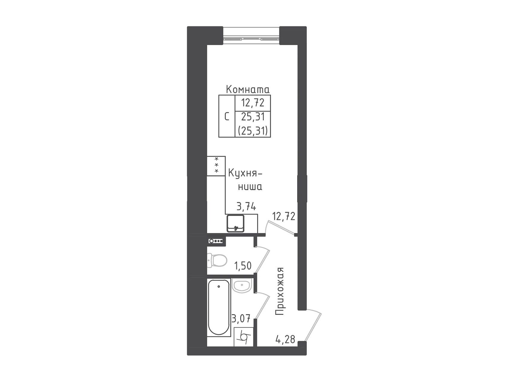 Планировка: Студия 25.31 м² в новостройке Зеленый Город