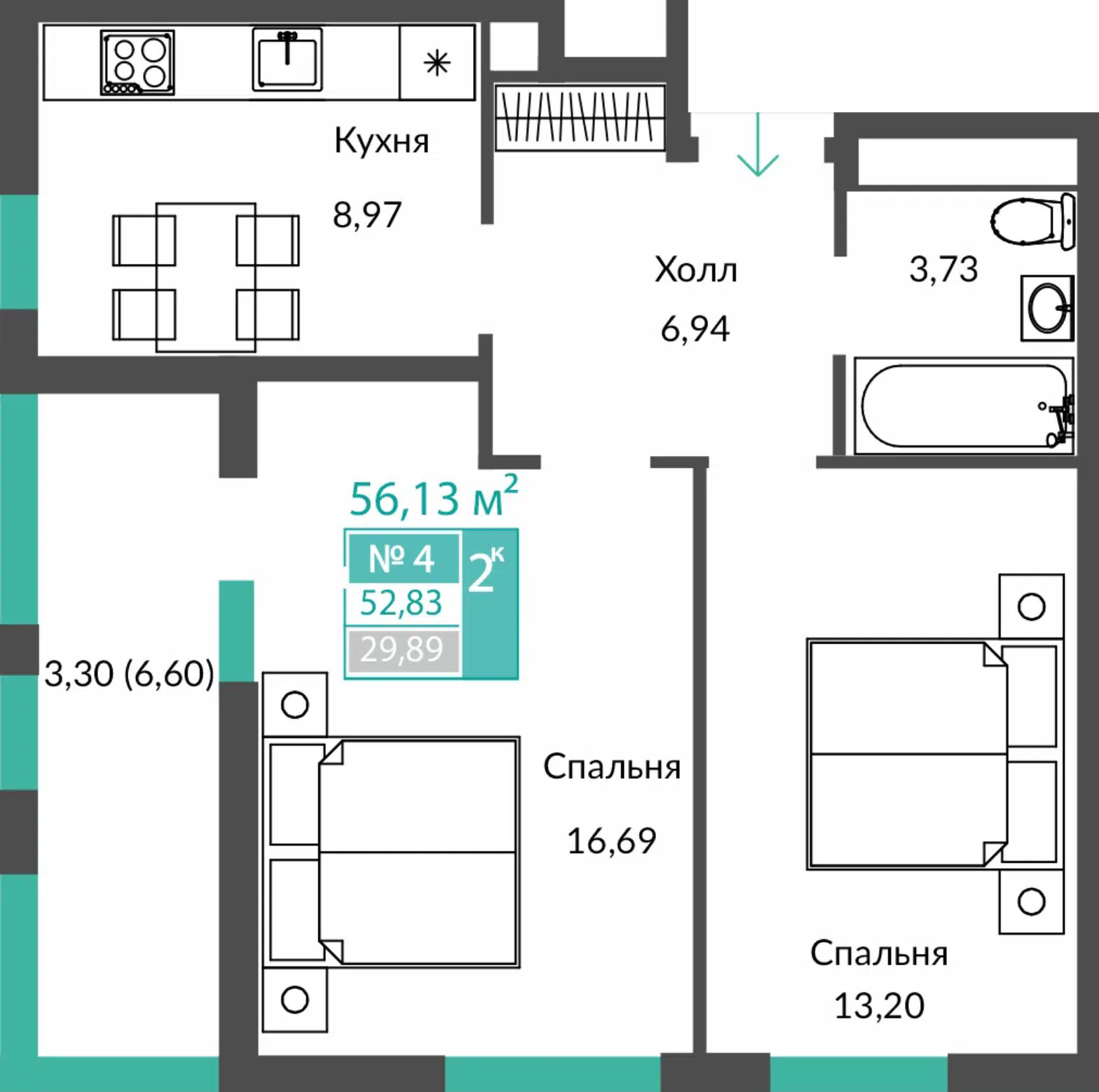 Планировка: 2-комн. квартира 52.83 м² в новостройке Единство