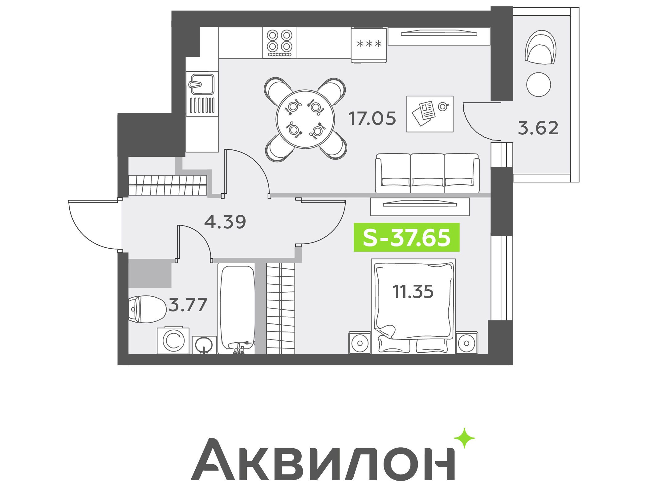 Планировка: 2-комн. квартира 37.80 м² в новостройке Аквилон олл ин 3.0