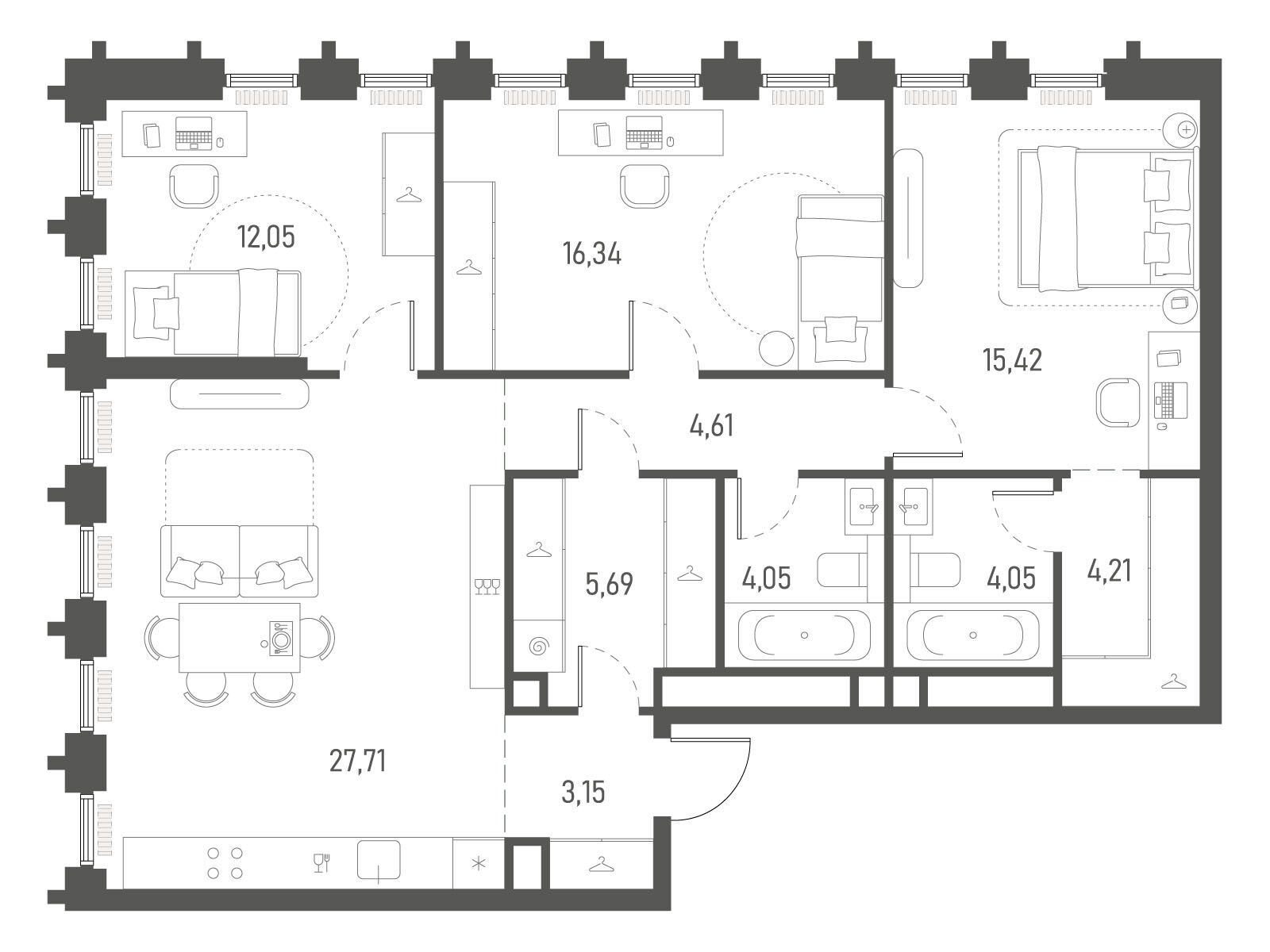 Планировка: 3-комн. квартира 97.28 м² в новостройке Индиво