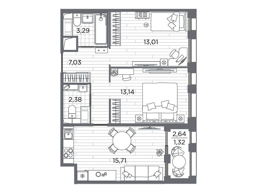Планировка: 2-комн. квартира 55.88 м² в новостройке Респект