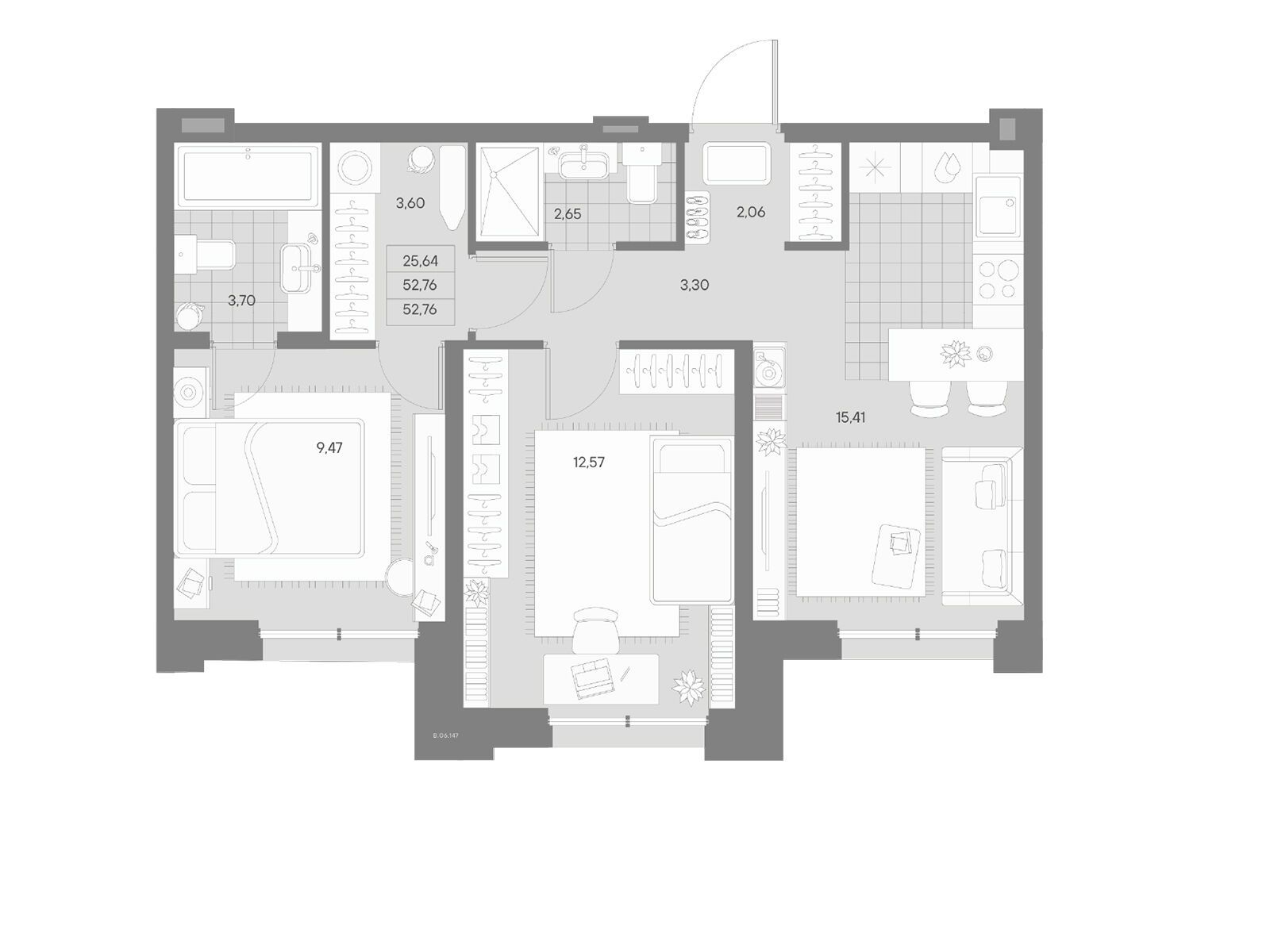 Планировка: 2-комн. квартира 52.76 м² в новостройке Альпен