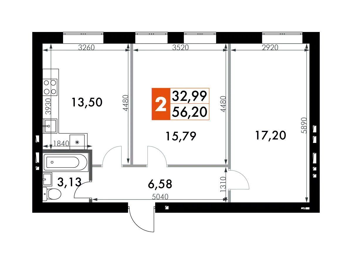 Планировка: 2-комн. квартира 56.40 м² в новостройке Парк Апрель