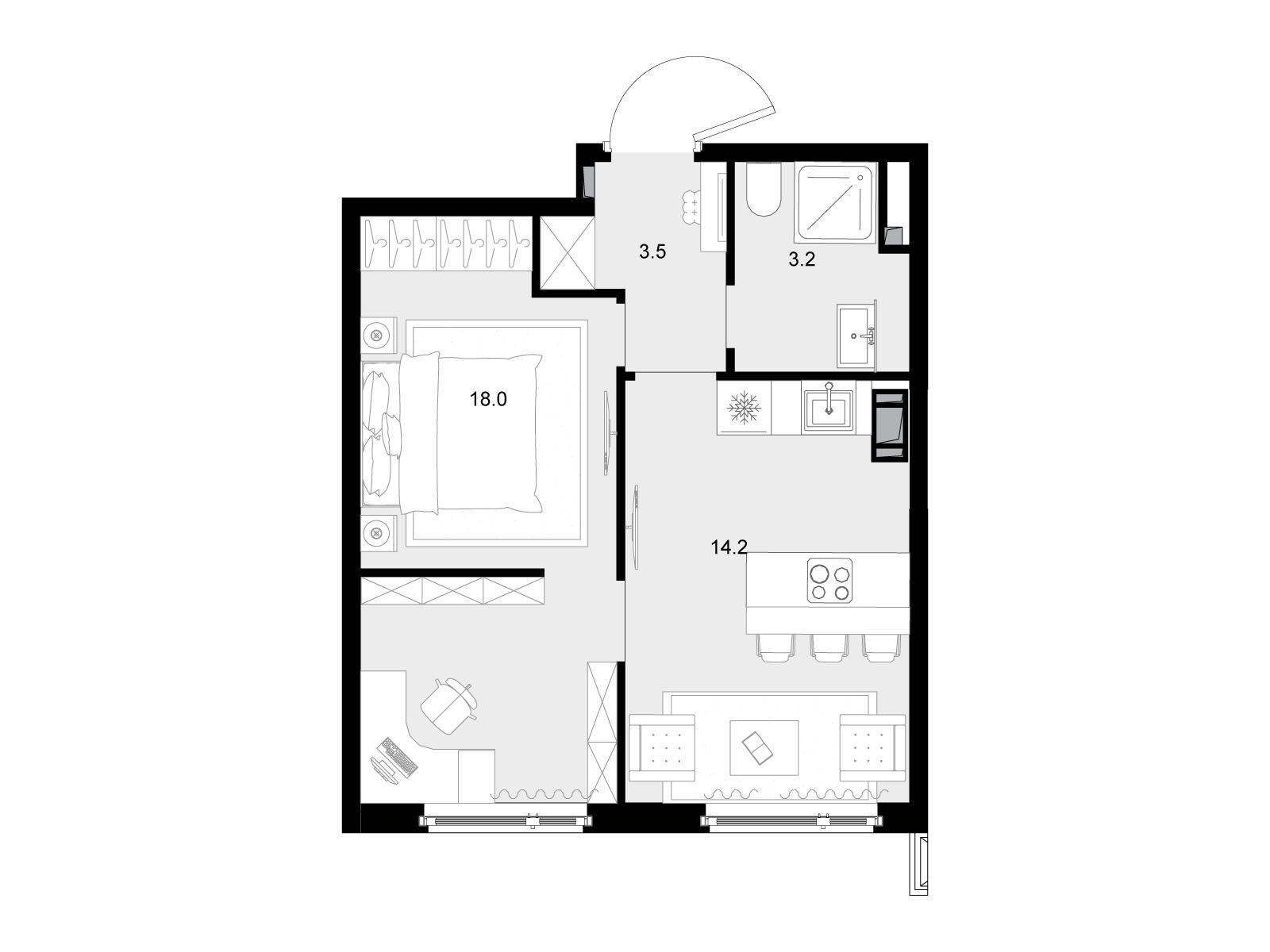 Планировка: 1-комн. квартира 39.10 м² в новостройке Малевич