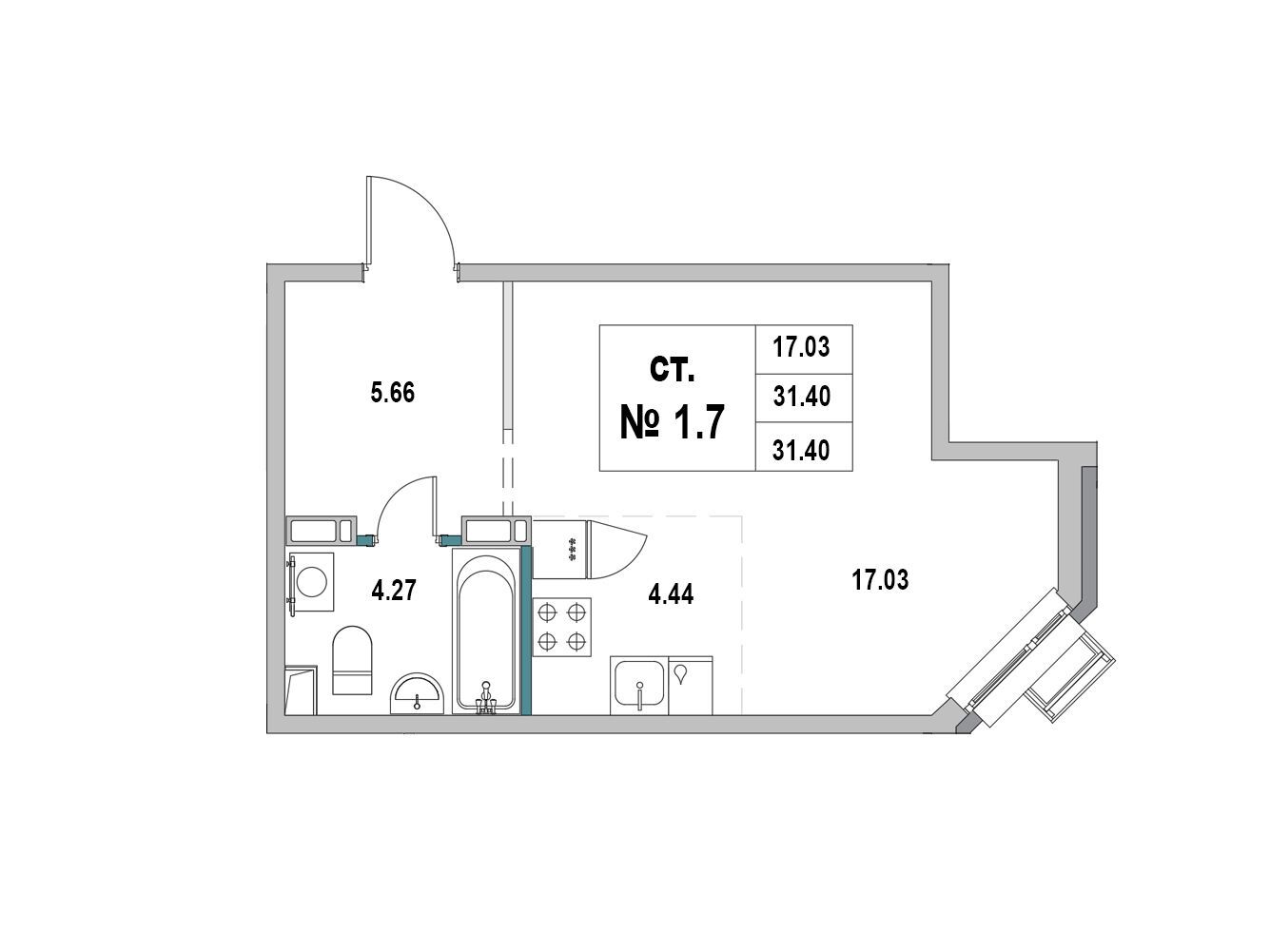 Планировка: Студия 31.40 м² в новостройке ЖК Новый город (Выборг)