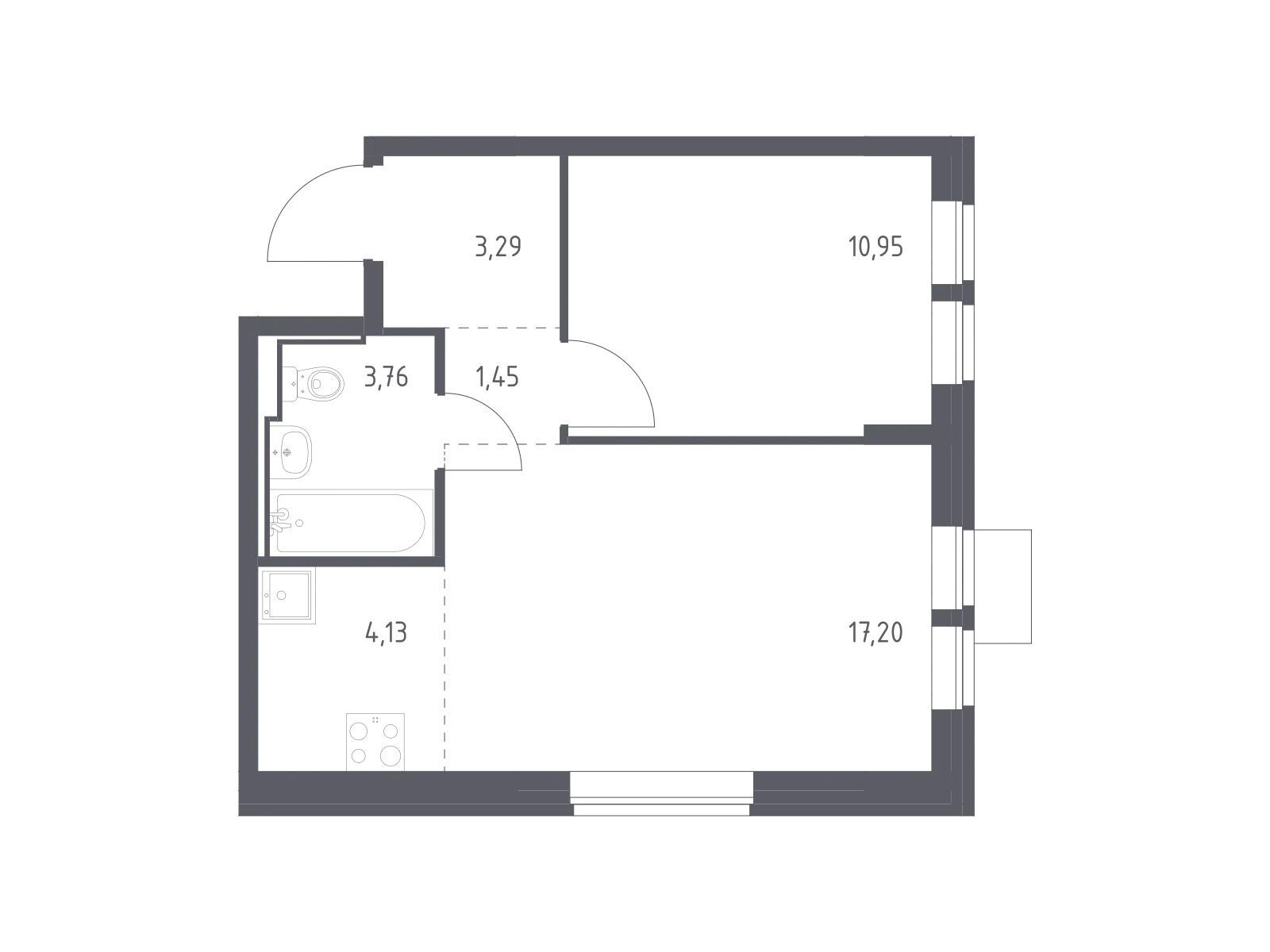 Планировка: 1-комн. квартира 40.78 м² в новостройке Молжаниново