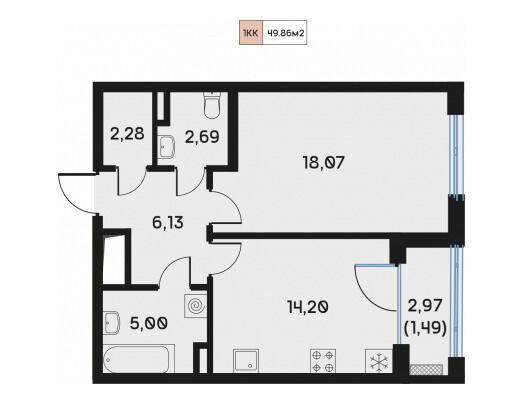 Планировка: 1-комн. квартира 49.93 м² в новостройке Дом Регенбоген
