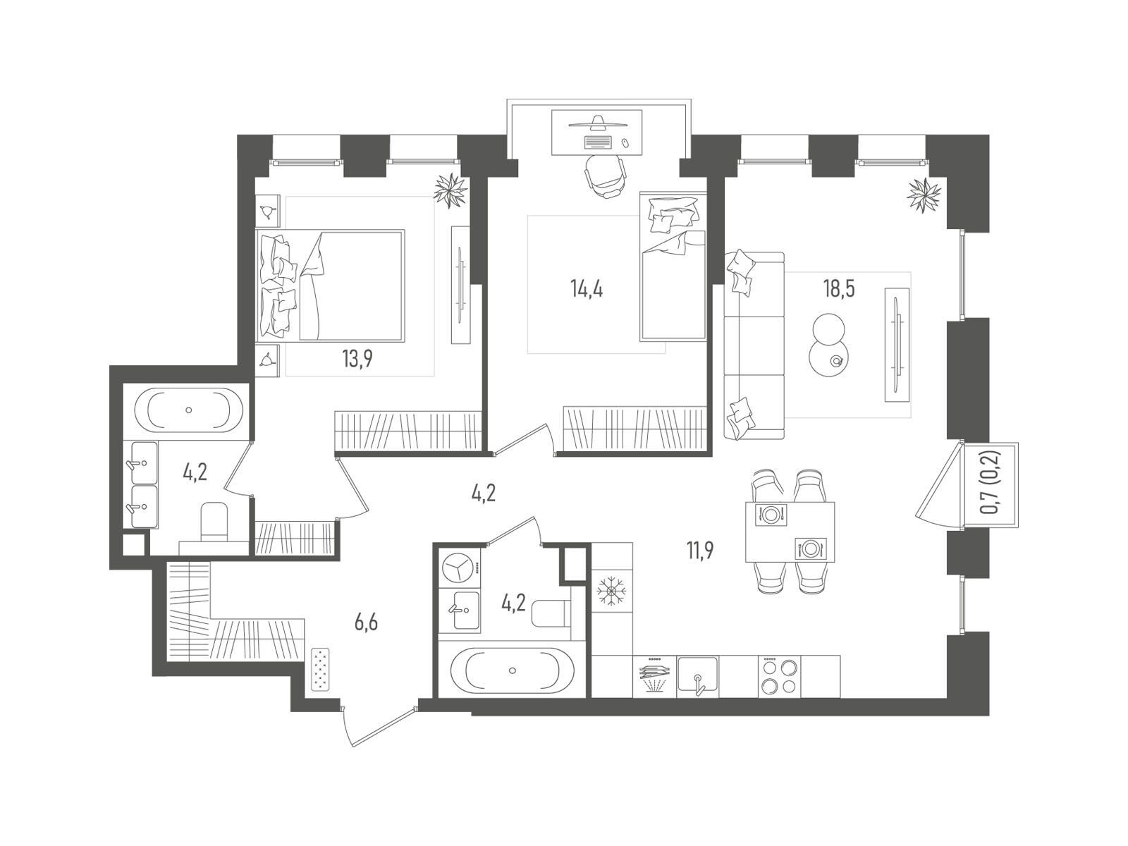 Планировка: 2-комн. квартира 78.10 м² в новостройке Пейв