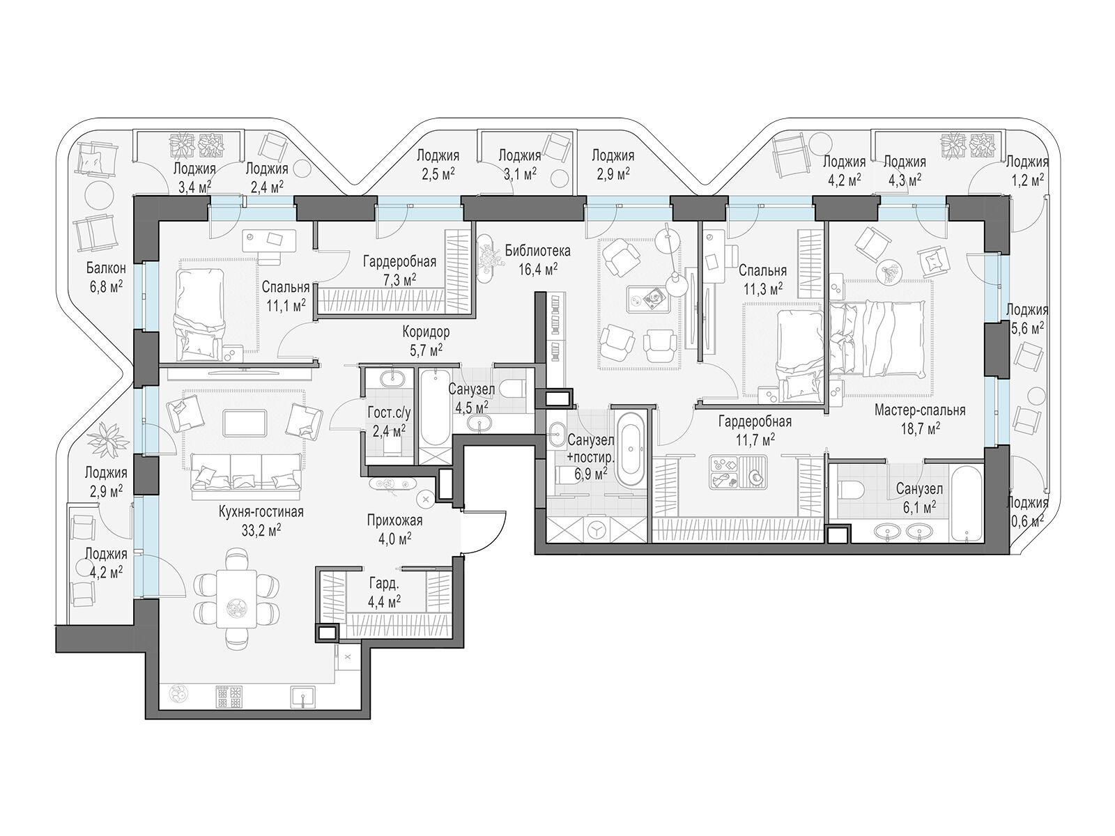 Планировка: 3-комн. квартира 164.70 м² в новостройке Форивер