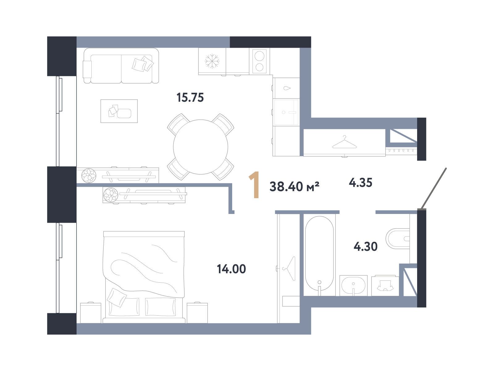 Планировка: 1-комн. квартира 38.40 м² в новостройке Репаблик
