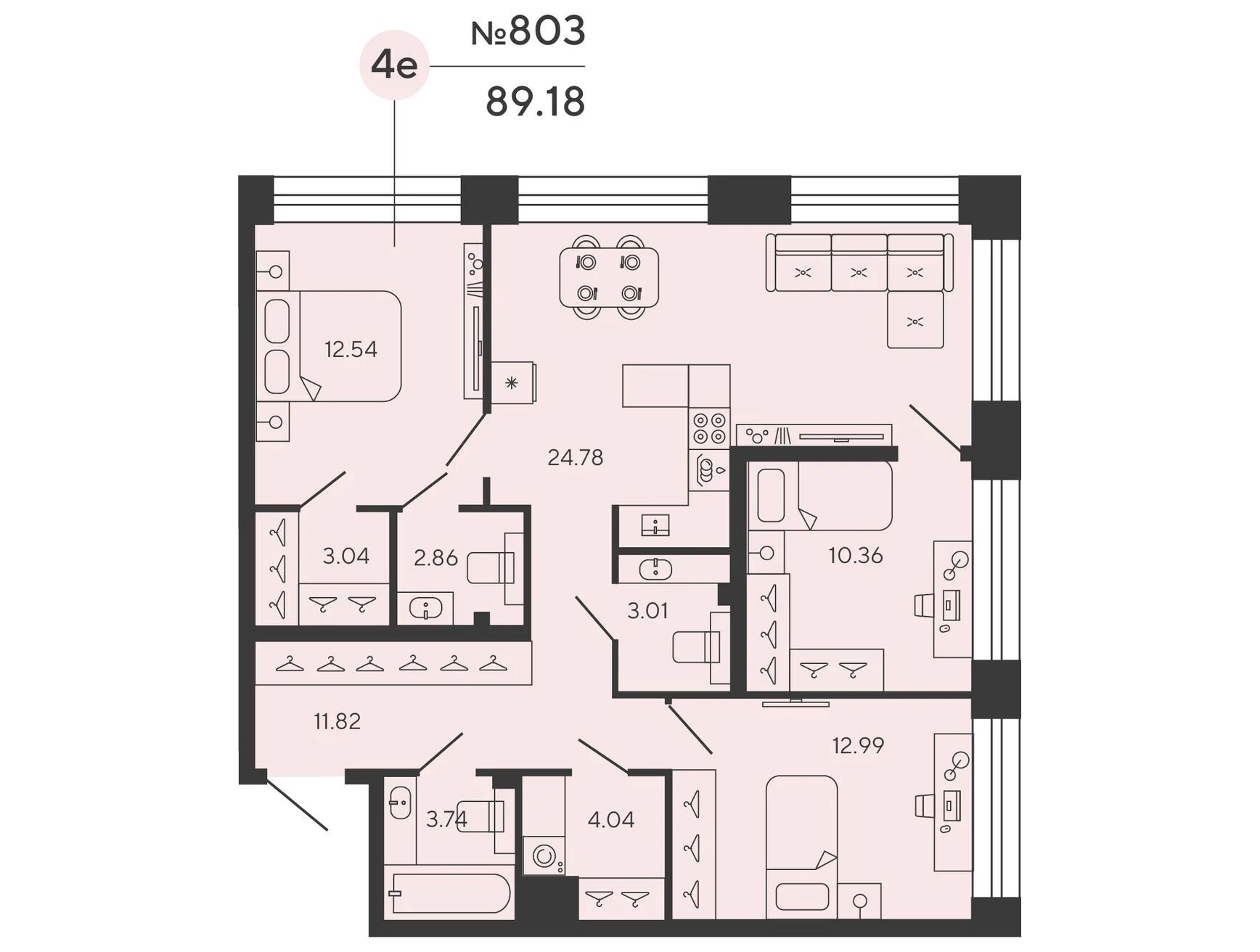 Планировка: 3-комн. квартира 88.33 м² в новостройке Башни Элемент