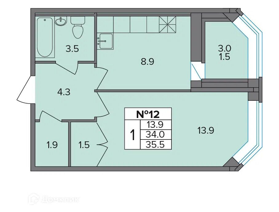 Планировка: 1-комн. квартира 35.50 м² в новостройке Капральский