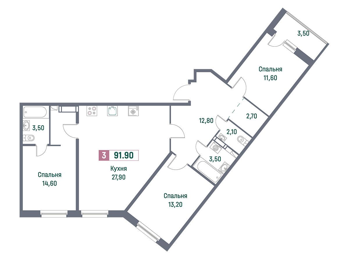 Планировка: 3-комн. квартира 91.90 м² в новостройке Фотограф