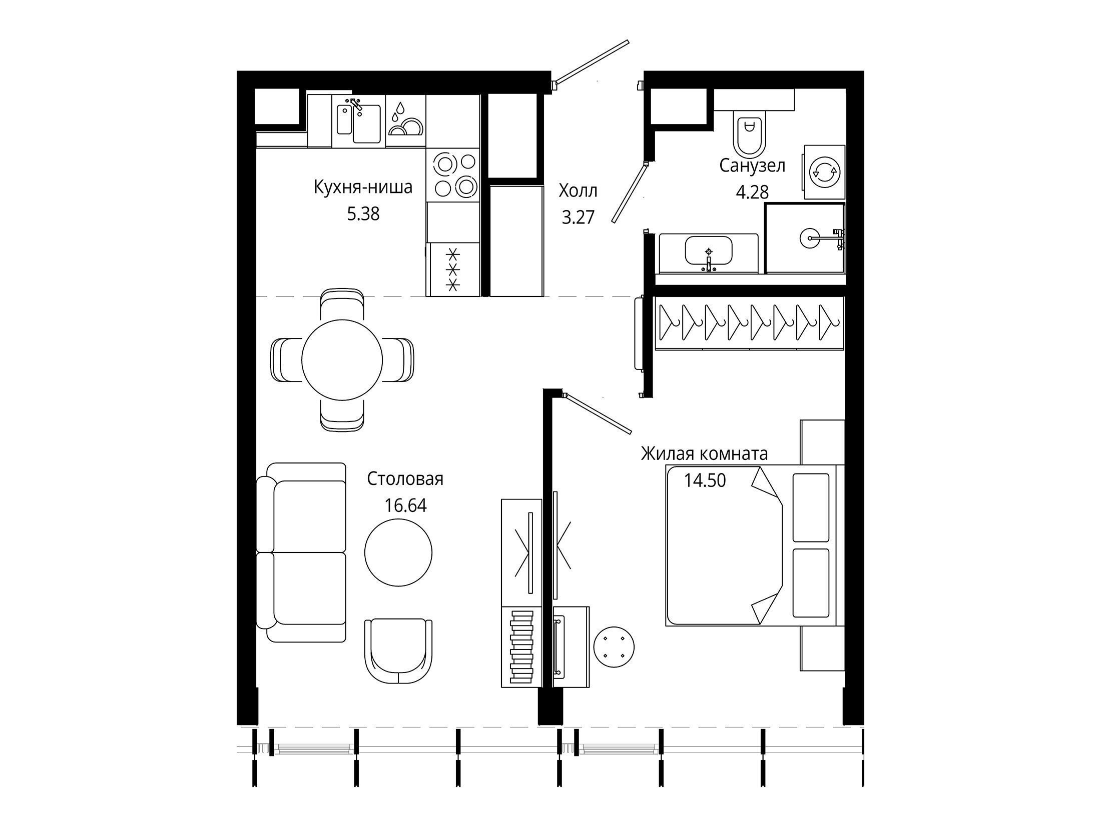 Планировка: 1-комн. квартира 44.00 м² в новостройке Мод