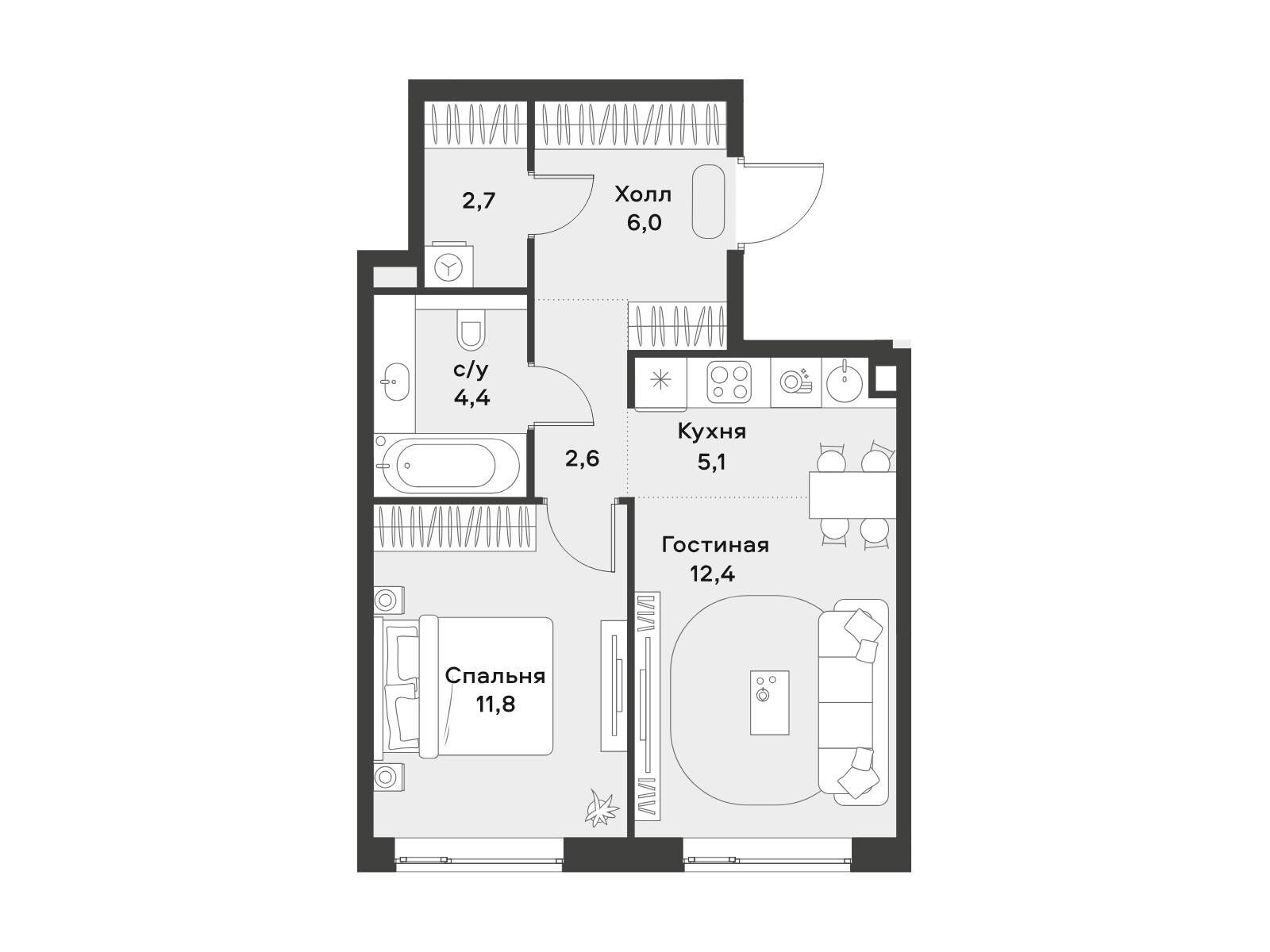 Планировка: 1-комн. квартира 45.00 м² в новостройке Алиа